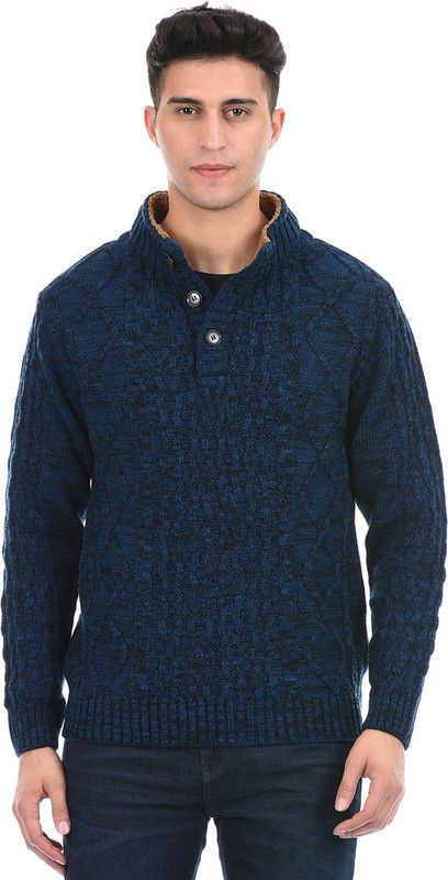 Men Self Design High Neck Dark Blue Sweater