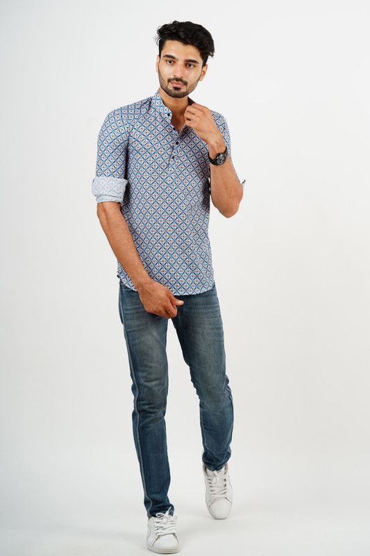 Men Printed Party Blue Shirt