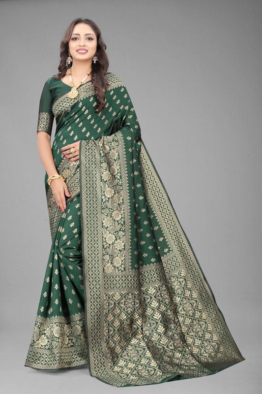 Self Design Kanjivaram Jacquard Saree  (Green)