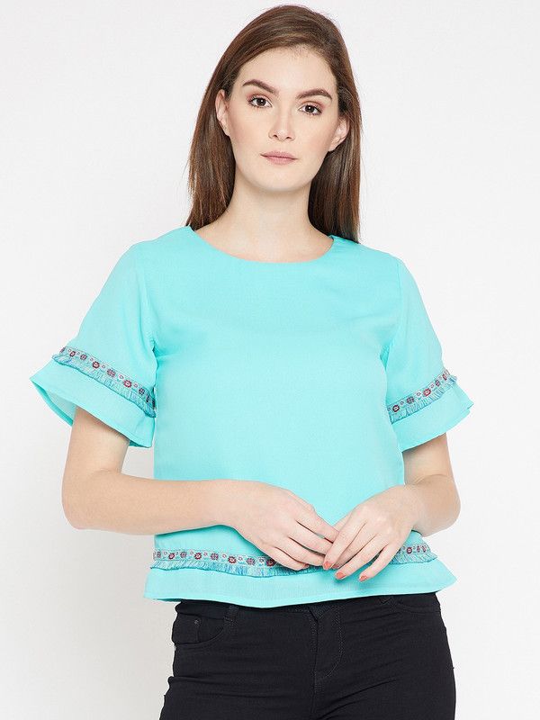 Casual Bell Sleeves Solid Women Light Blue Top