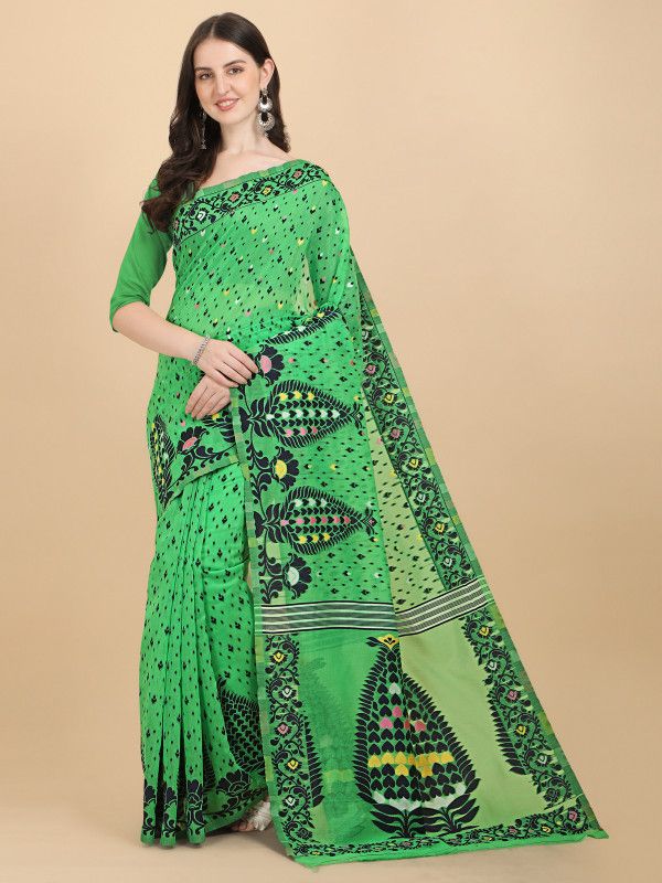 Printed Jamdani Cotton Linen Saree  (Green)
