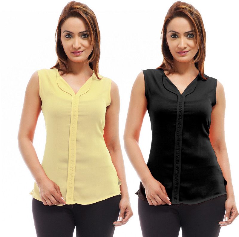 Pack of 2 Casual Sleeveless Solid Women Black, Yellow Top