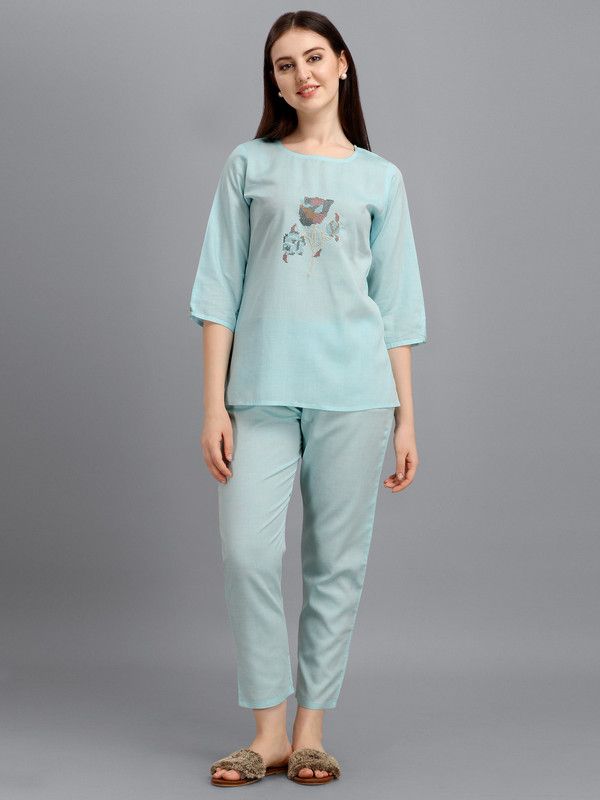 Women Shirt & Pyjama set Light Blue Embroidered