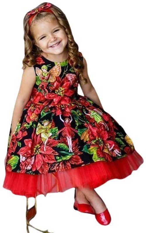 Girls Calf Length Party Dress  (Red, Sleeveless)