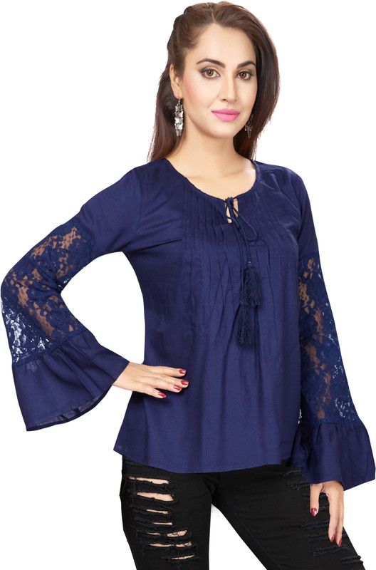 Party Flared Sleeves Lace Women Dark Blue Top