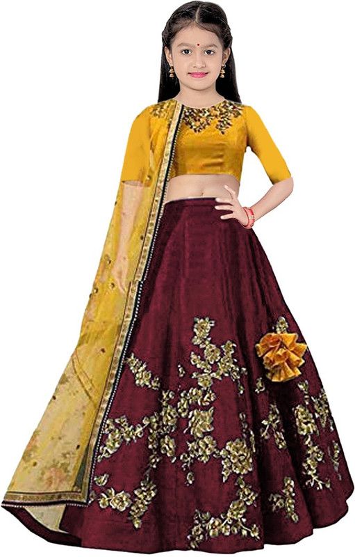 Girls Lehenga Choli Ethnic Wear Embroidered Lehenga Choli  (Maroon, Pack of 1)