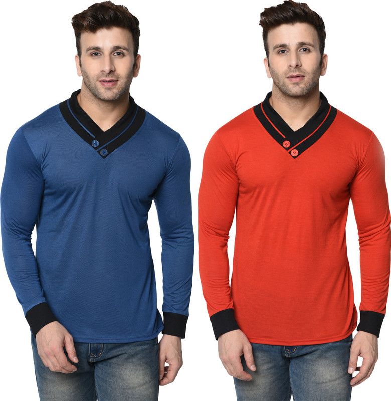Pack of 2 Shwal Neck Men Colorblock Shawl Neck Cotton Blend Dark Blue, Red T-Shirt