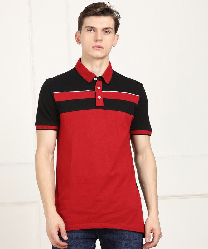Men Solid Polo Neck Cotton Blend Red, Black T-Shirt