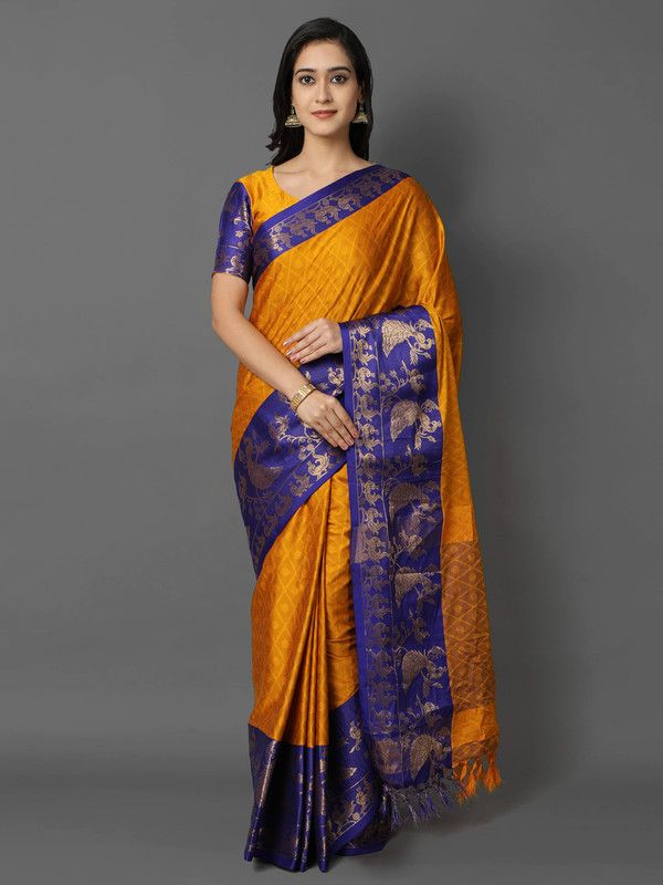 Woven Kovai Cotton Silk Saree  (Gold)