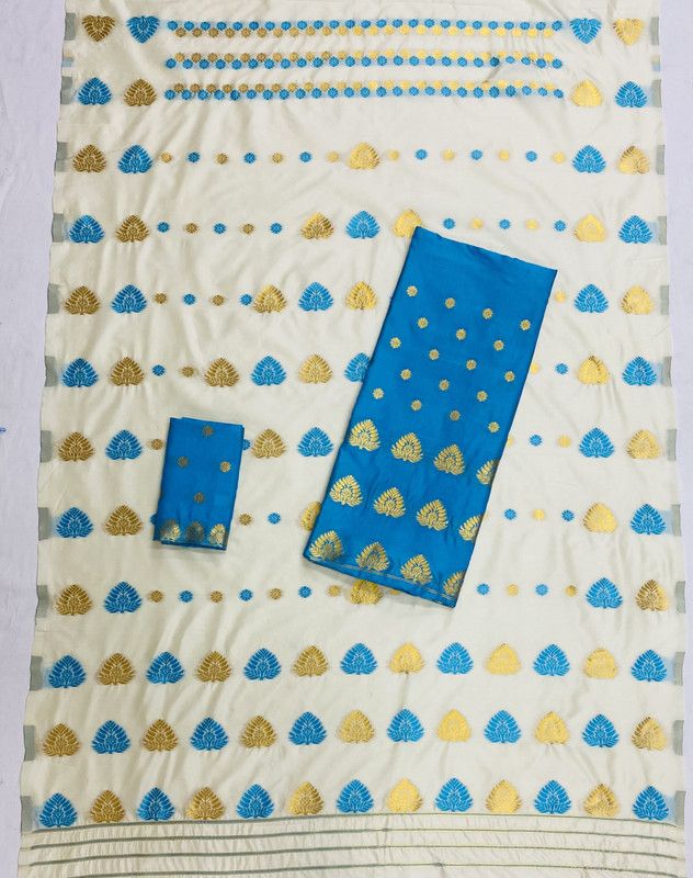Woven Mekhela Chador Silk Blend Saree  (Light Blue)