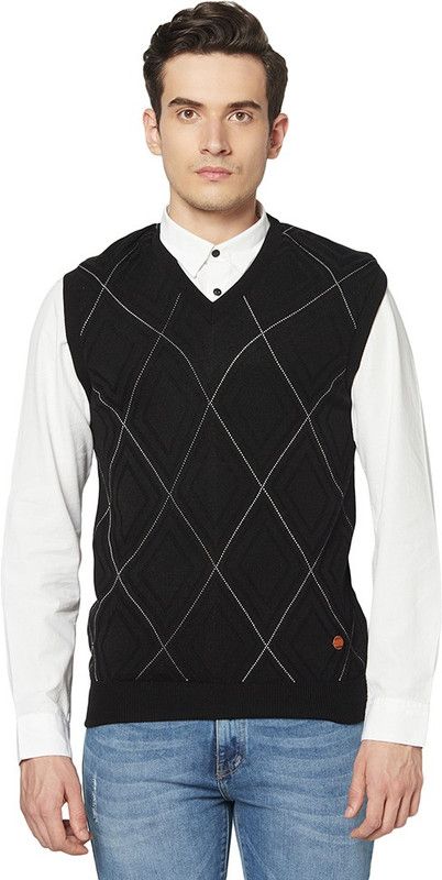 Men Checkered V Neck Reversible Black Sweater