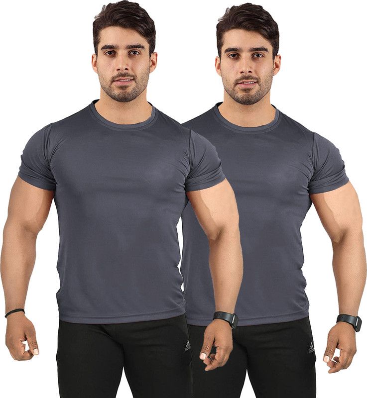 Pack of 2 UDI n ADI Men's Grey And Grey Combo T-Shirt Polyester Drifit For Men Pack Of 2 Men Solid Round Neck Viscose Rayon Grey T-Shirt