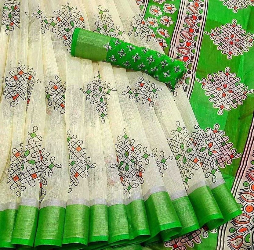 Digital Print Kanjivaram Cotton Blend Saree  (Light Green)
