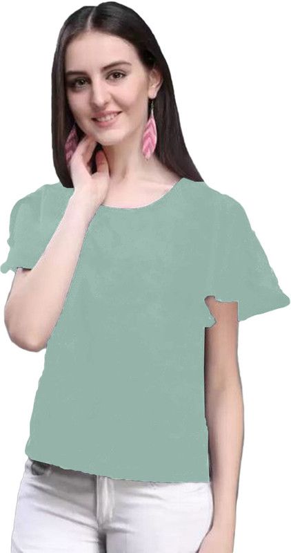 Casual Petal Sleeves Solid Women Light Green Top