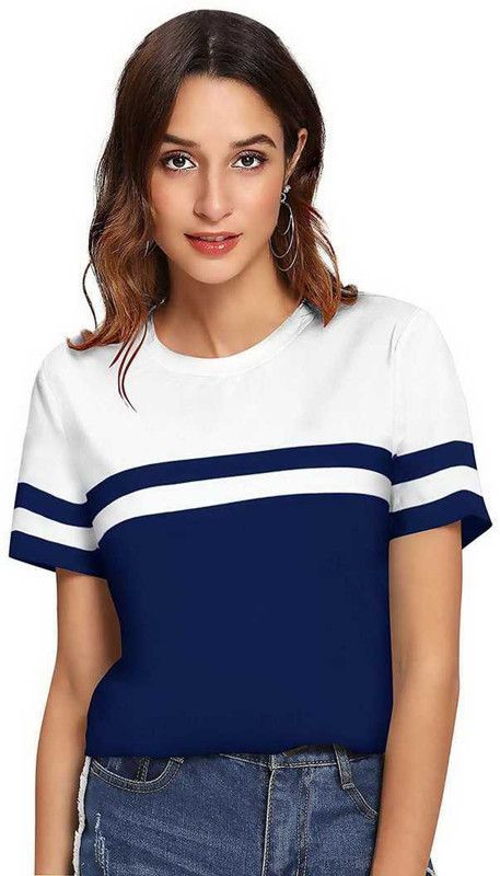 Women Colorblock Round Neck Cotton Blend Dark Blue T-Shirt