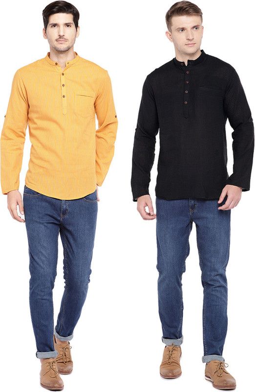 Pack of 2 Men Solid Pure Cotton Straight Kurta  (Gold, Black)