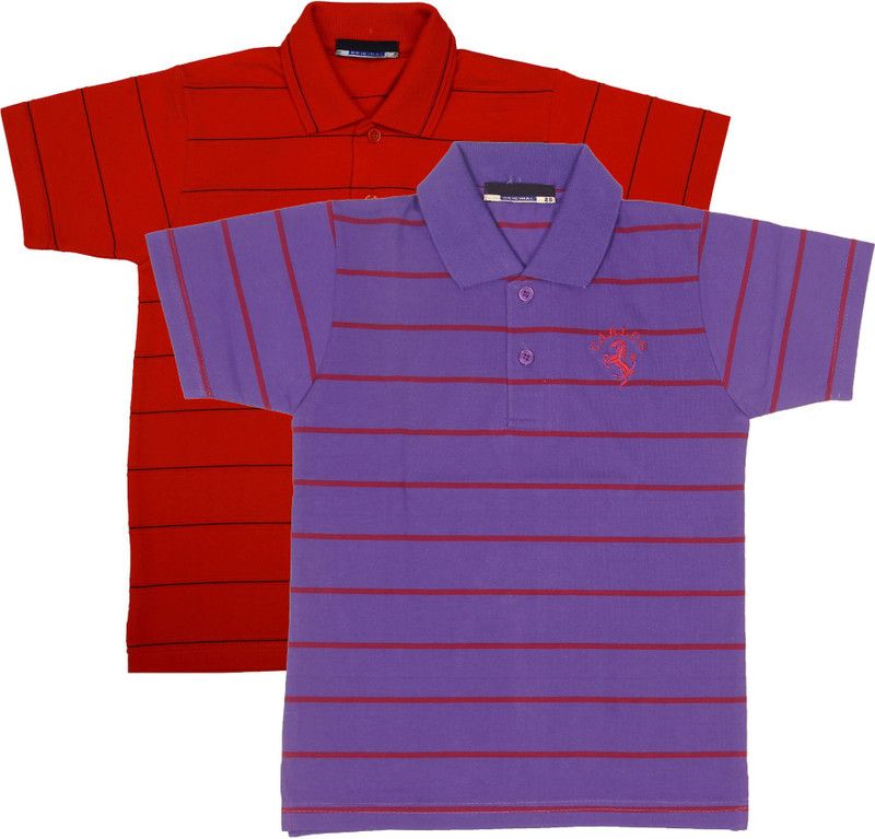 Boys Striped Cotton Blend T Shirt  (Red, Pack of 2)