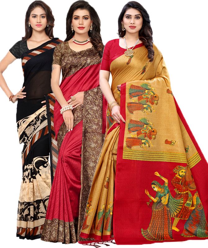 Geometric Print Bollywood Georgette Saree  (Pack of 3, Black, Red, Cream)