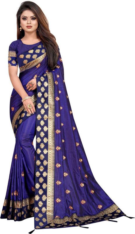 Embroidered Rajshahi Lycra Blend Saree  (Dark Blue)