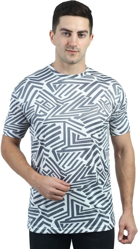 Men Geometric Print Round Neck Polyester Grey T-Shirt