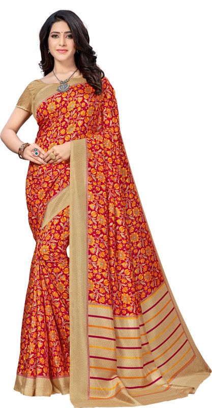 Printed Daily Wear Silk Blend Saree  (Red, Orange)