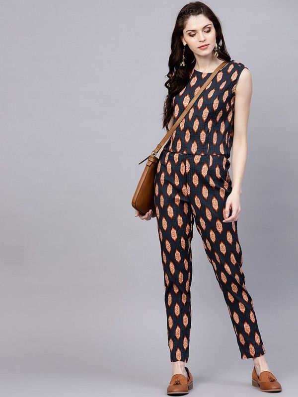Women Regular Fit Dark Blue, Orange Pure Cotton Trousers