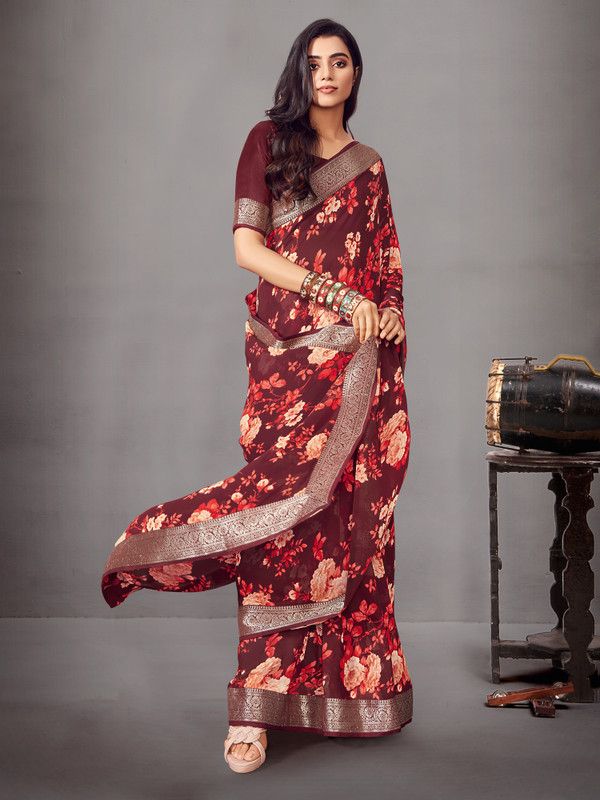 Floral Print Manipuri Georgette Saree  (Maroon)