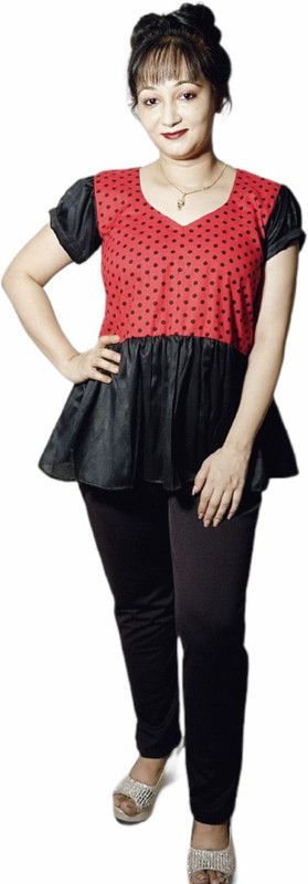Pack of 2 Casual Puff Sleeves Polka Print Women Red, Black Top