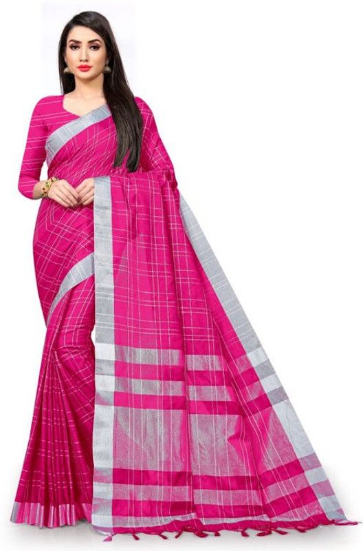 Checkered Bollywood Silk Blend, Cotton Silk Saree  (Pink)