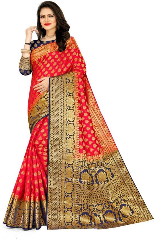 Solid/Plain Banarasi Cotton Silk Saree  (Red)