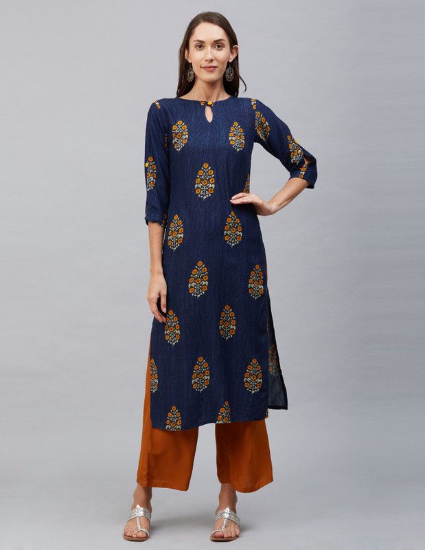Women Printed, Block Print, Floral Print Viscose Rayon Straight Kurta  (Dark Blue)