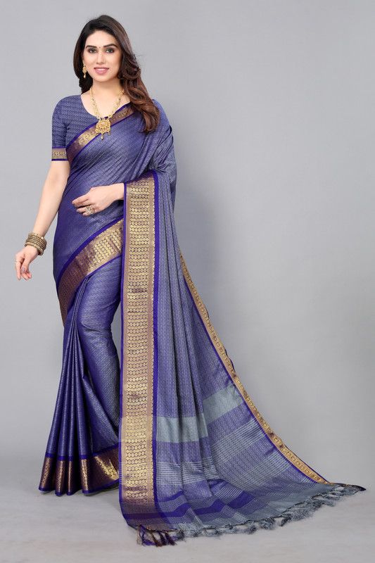 Embellished Banarasi Cotton Silk Saree  (Dark Blue)