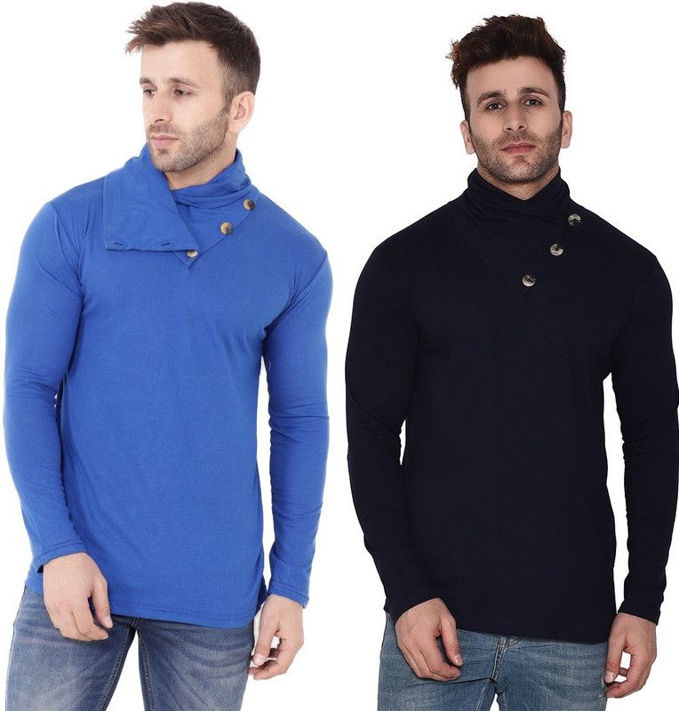 Pack of 2 Men Solid High Neck Cotton Blend Dark Blue, Blue T-Shirt