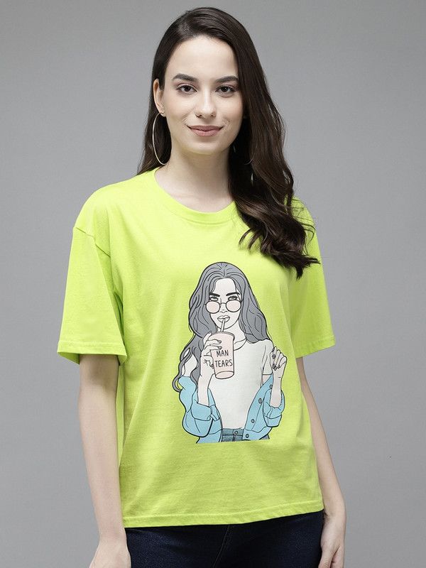 Women Printed, Typography Round Neck Pure Cotton Light Green T-Shirt
