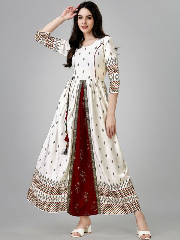 Women Block Print Viscose Rayon Anarkali Kurta  (White, Red, Multicolor)