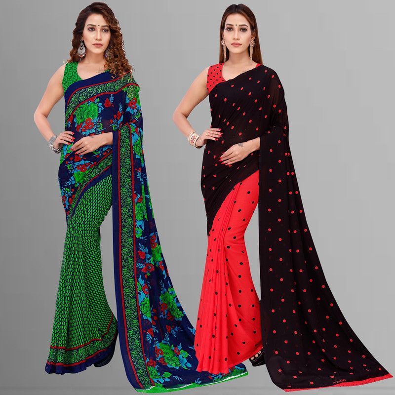 Floral Print Bollywood Georgette Saree  (Pack of 2, Red, Green, Blue, Black)