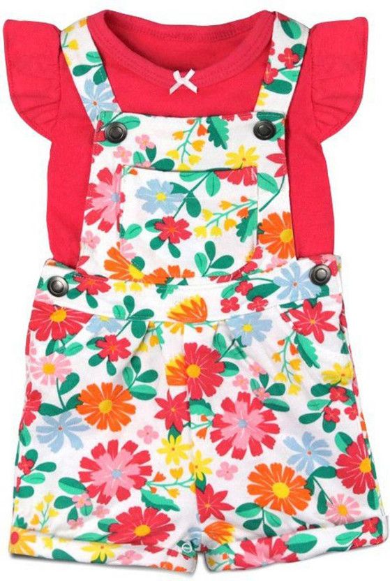 Dungaree For Baby Girls Printed Cotton Silk  (Red, Pack of 1)