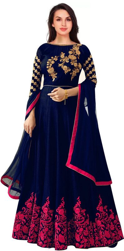 Embroidered Satin, Silk Blend Semi Stitched Flared/A-line Gown  (Dark Blue)