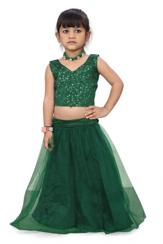 Girls Lehenga Choli Ethnic Wear Embroidered Lehenga & Crop Top  (Green, Pack of 2)