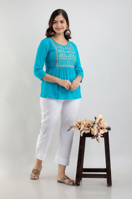 Casual Regular Sleeves Embroidered, Embellished Women Light Blue Top