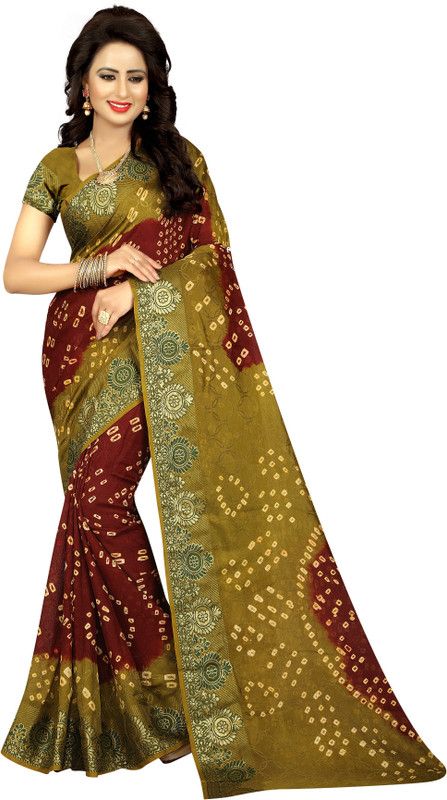 Printed Bandhani Cotton Silk Saree  (Green, Maroon)