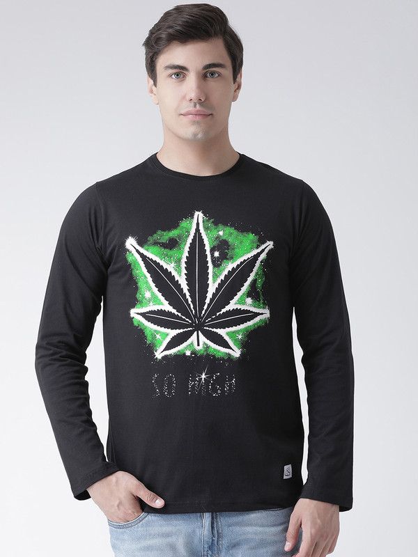 Leaf Galaxy Men Printed Round Neck Pure Cotton Black T-Shirt