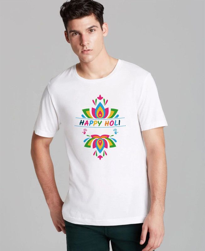 HoliTshirt_L_025 Men Printed Round Neck Poly Cotton White T-Shirt