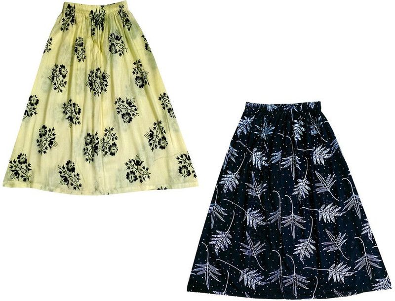 Girls Printed Flared Beige, Black Skirt