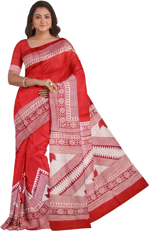 Blocked Printed Handloom Pure Silk Saree  (Red)