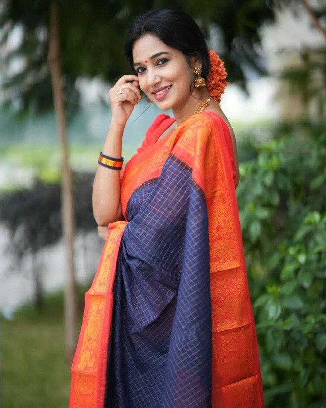 Woven Banarasi Cotton Silk Saree  (Blue, Red)