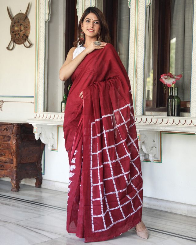 Printed, Color Block, Blocked Printed Daily Wear Pure Cotton Saree  (Maroon)