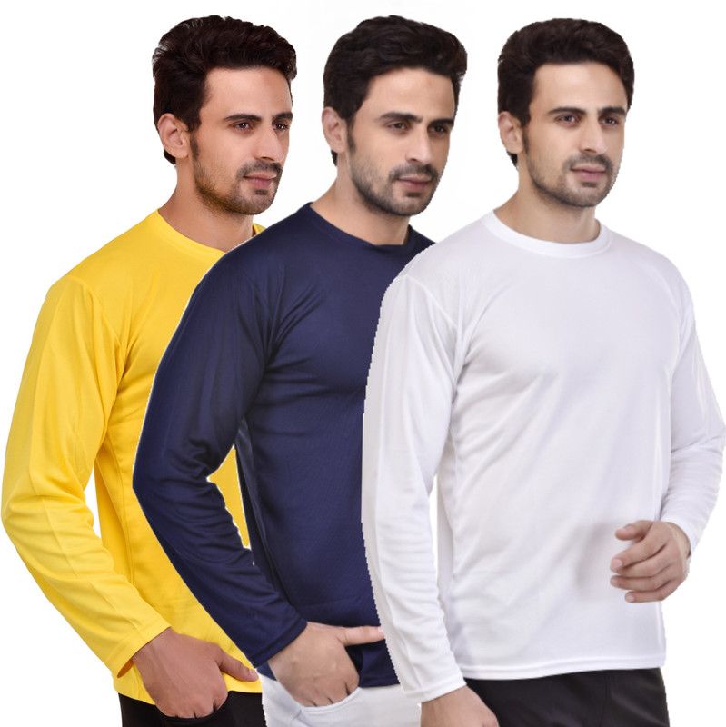 Pack of 3 Men Solid Round Neck Polyester Dark Blue, White, Yellow T-Shirt