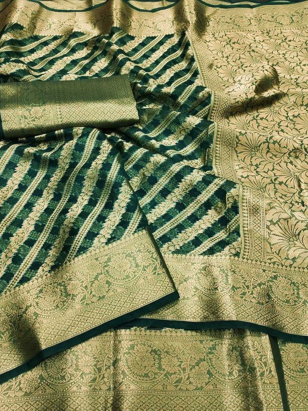 Self Design, Woven Kanjivaram Pure Silk Saree  (Dark Green)
