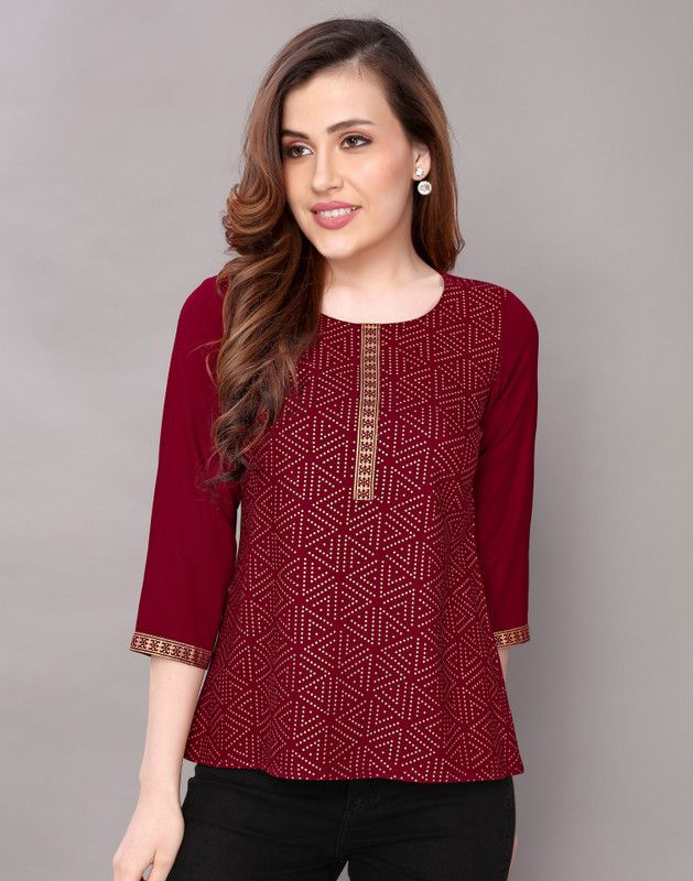 Casual 3/4 Sleeve Printed Women Maroon Top
